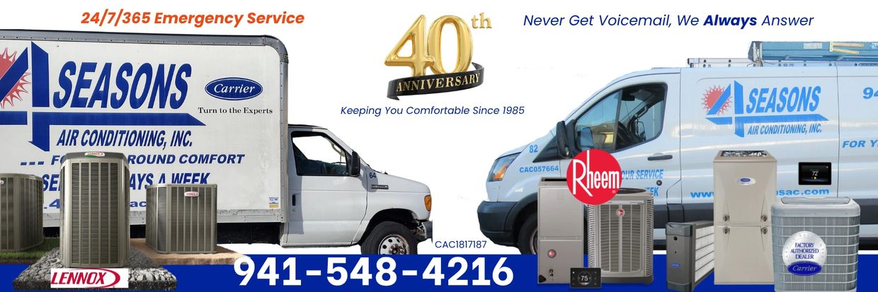 4 Seasons Air Conditioning trucks with HVAC units and service info.