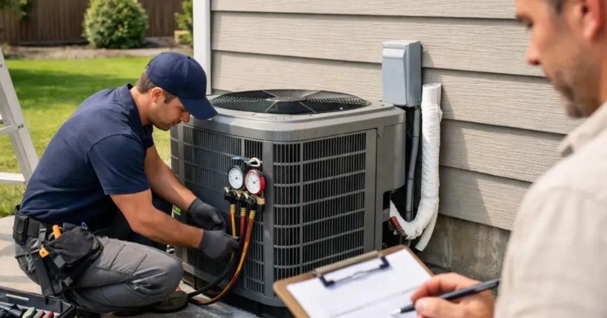 Professional AC technician measuring refrigerant levels with pressure gauges during a residential ai