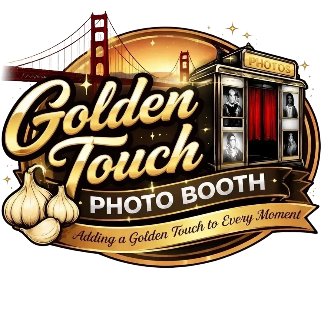 Golden Touch Photo Booth logo with Golden Gate Bridge and garlic bulbs.