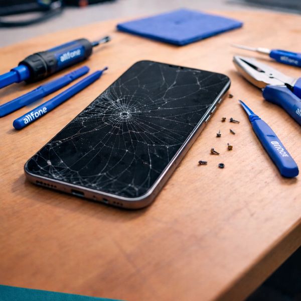A smartphone with a cracked screen surrounded by repair tools on a wooden surface.