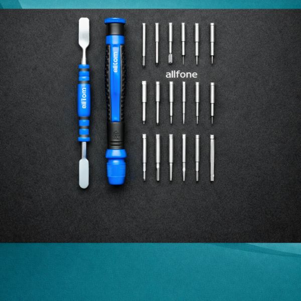 Blue precision screwdriver set with multiple interchangeable bits on a black background.