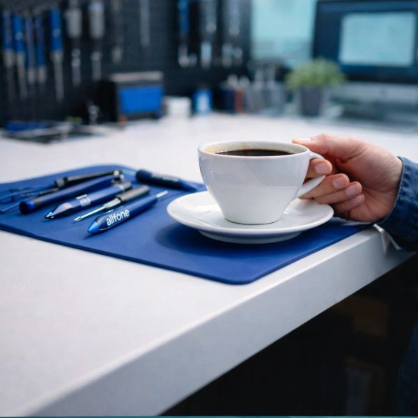 Hand holding a white coffee cup on a desk with pens nearby.