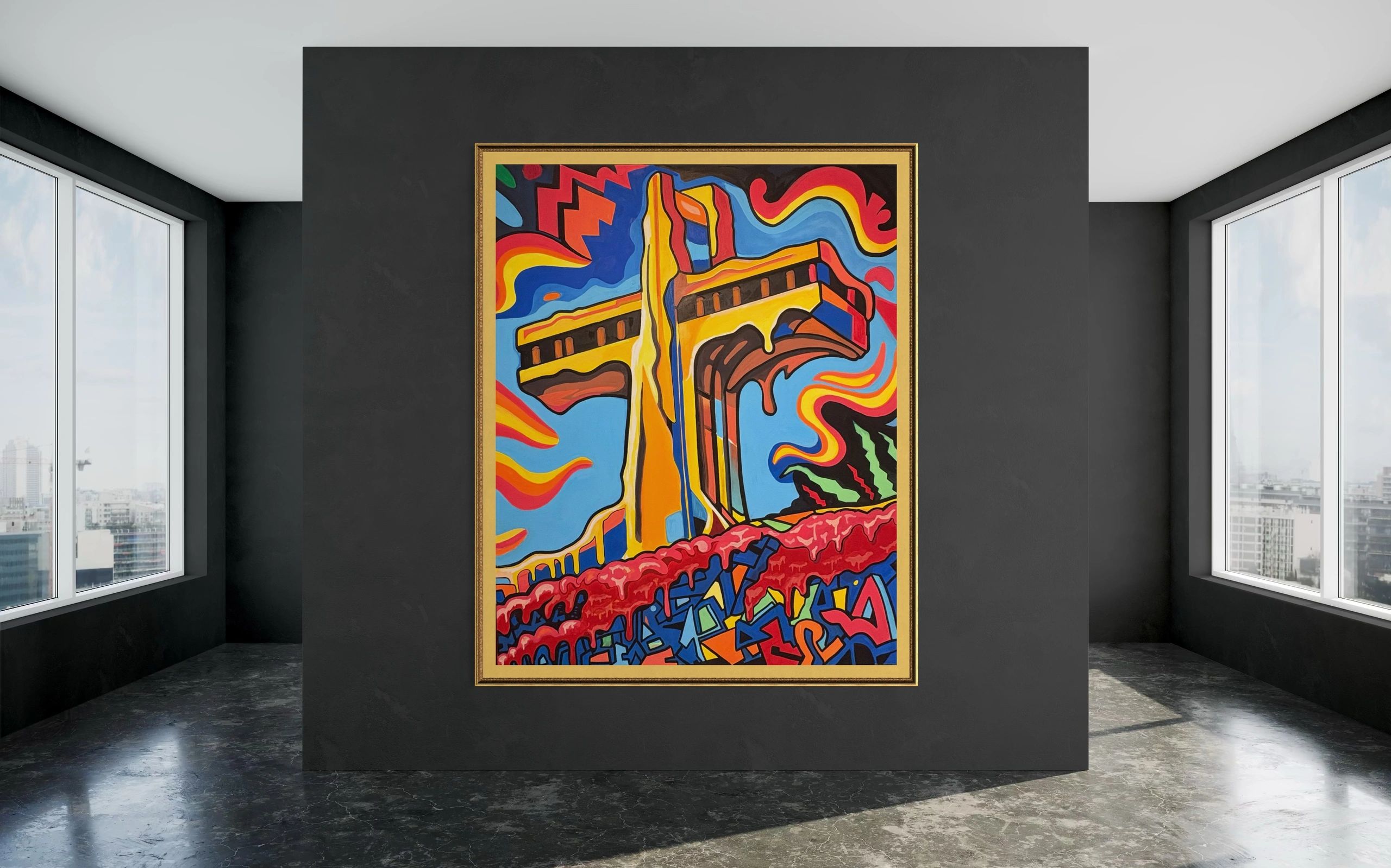 Colorful abstract painting of a bridge with flowing shapes and vibrant colors.