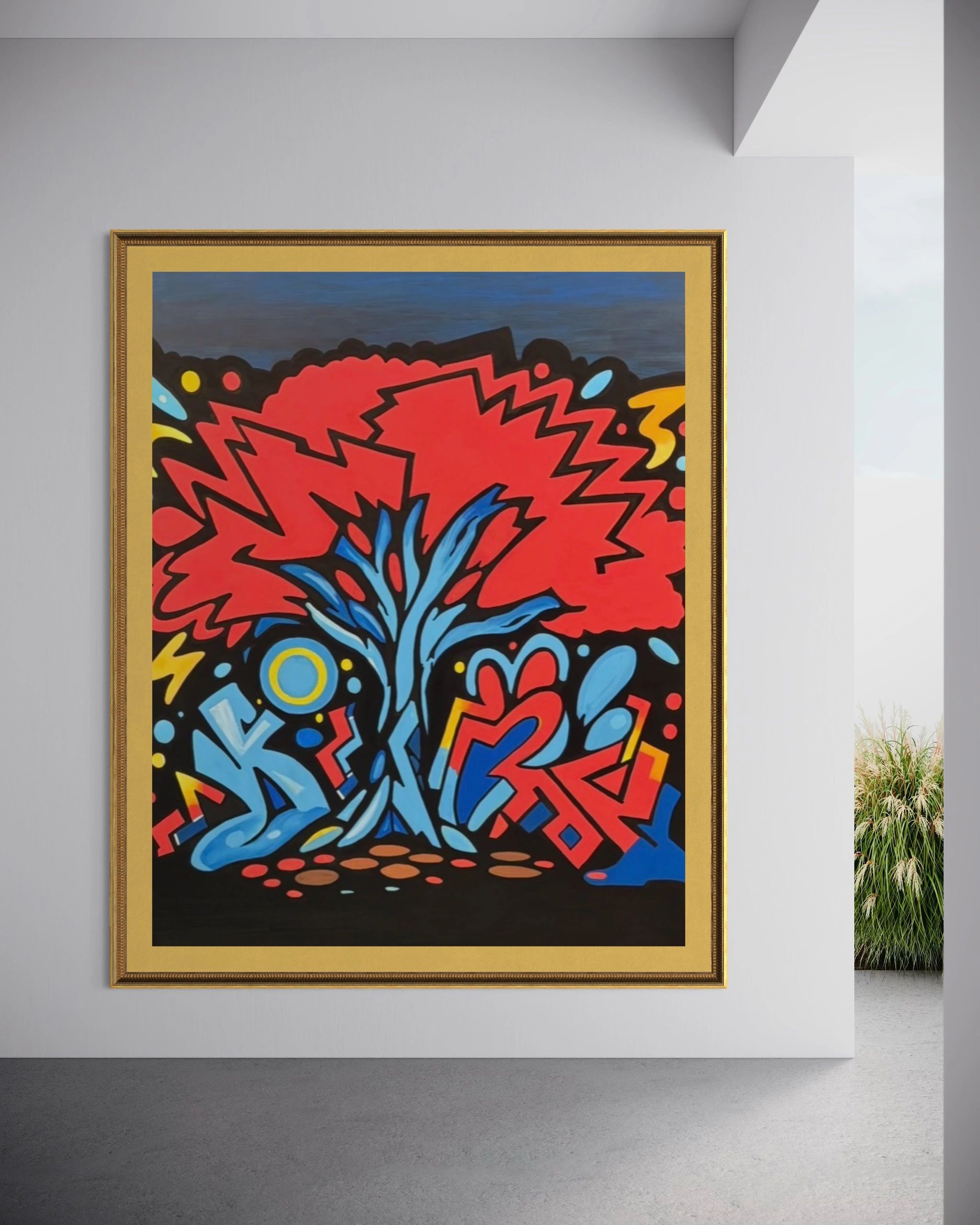 Abstract colorful painting with bold red, blue, and yellow shapes in a gold frame.