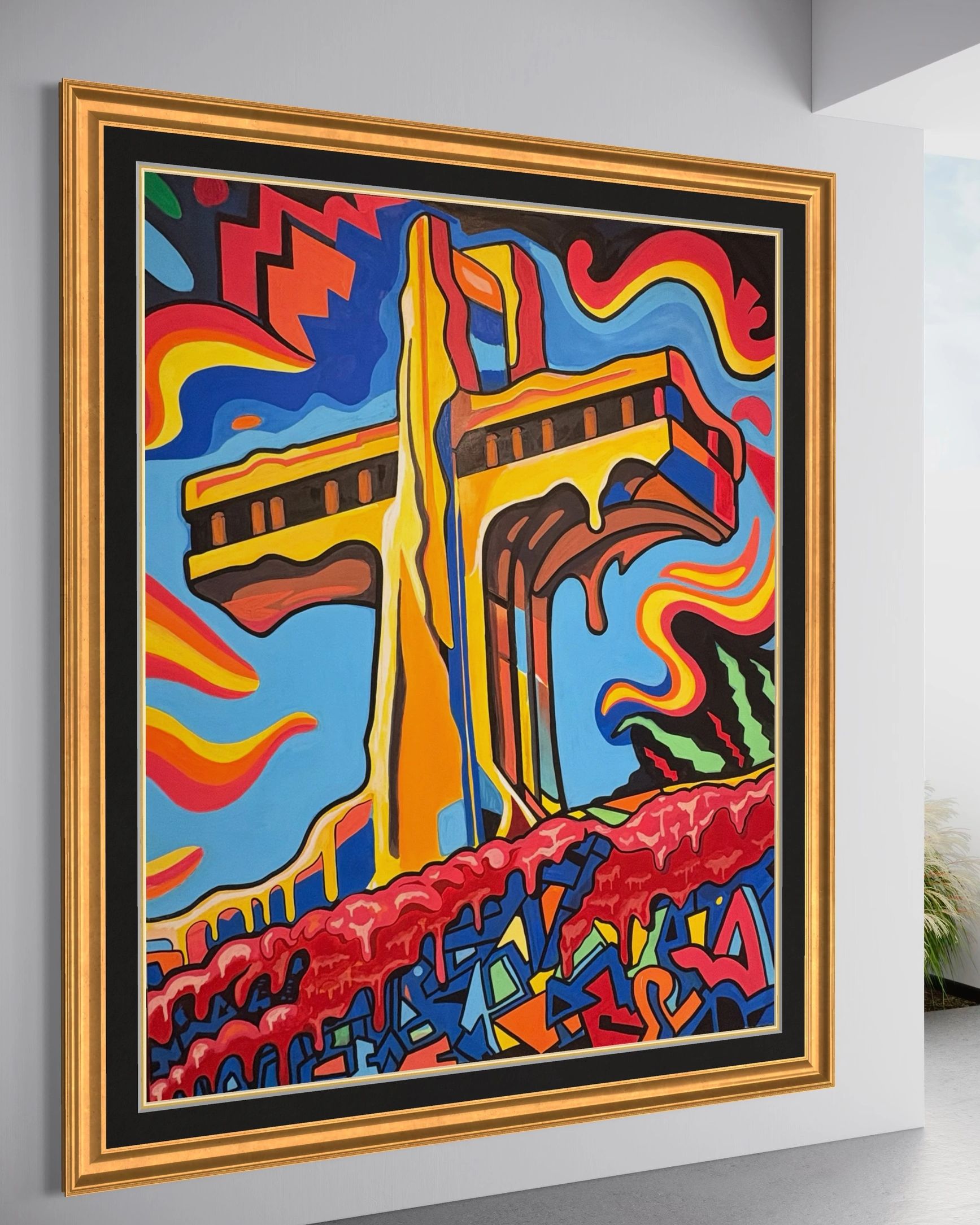 Vibrant abstract painting of a bridge with melting colors and dynamic shapes.