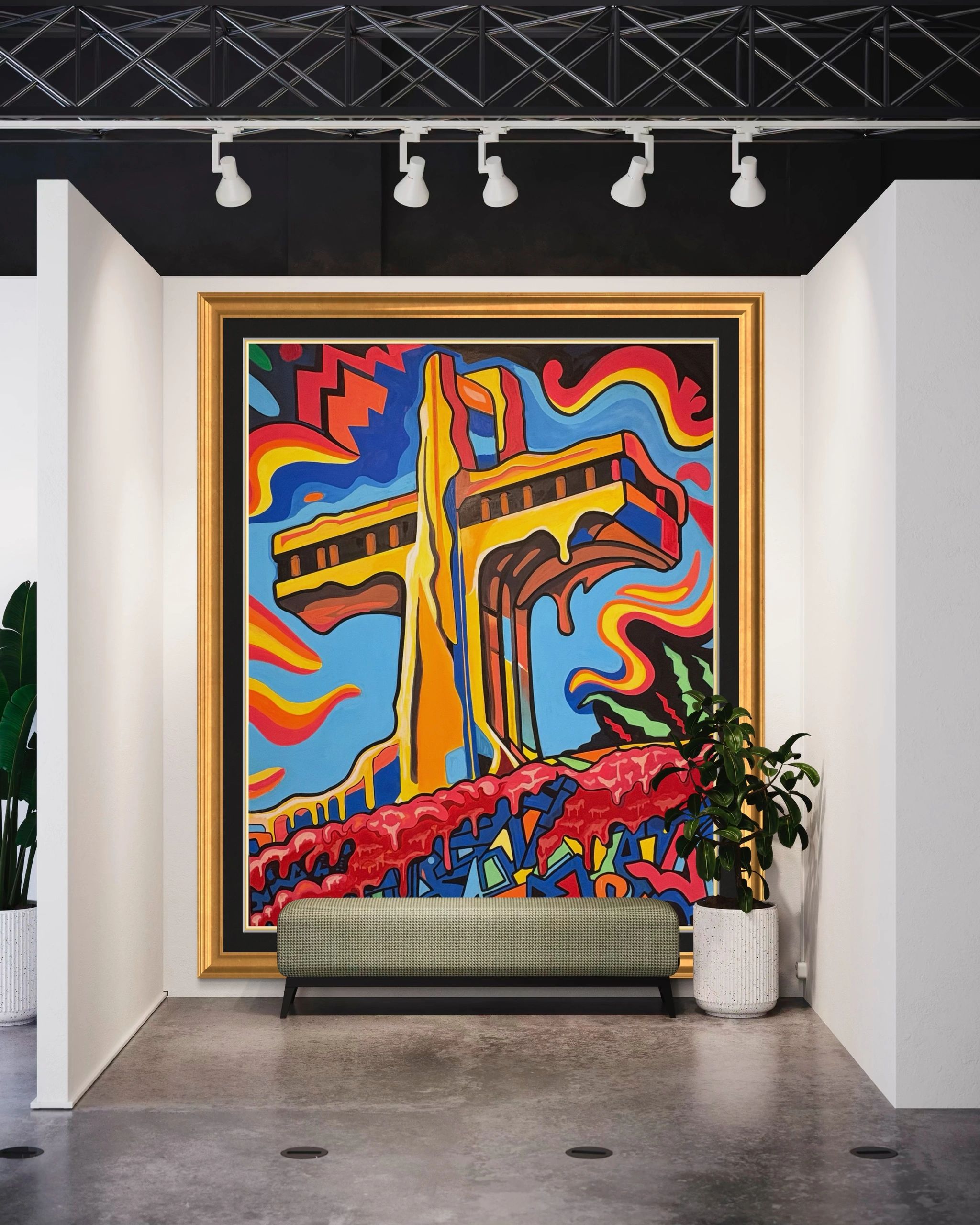 Colorful abstract painting of a bridge in a modern gallery space.