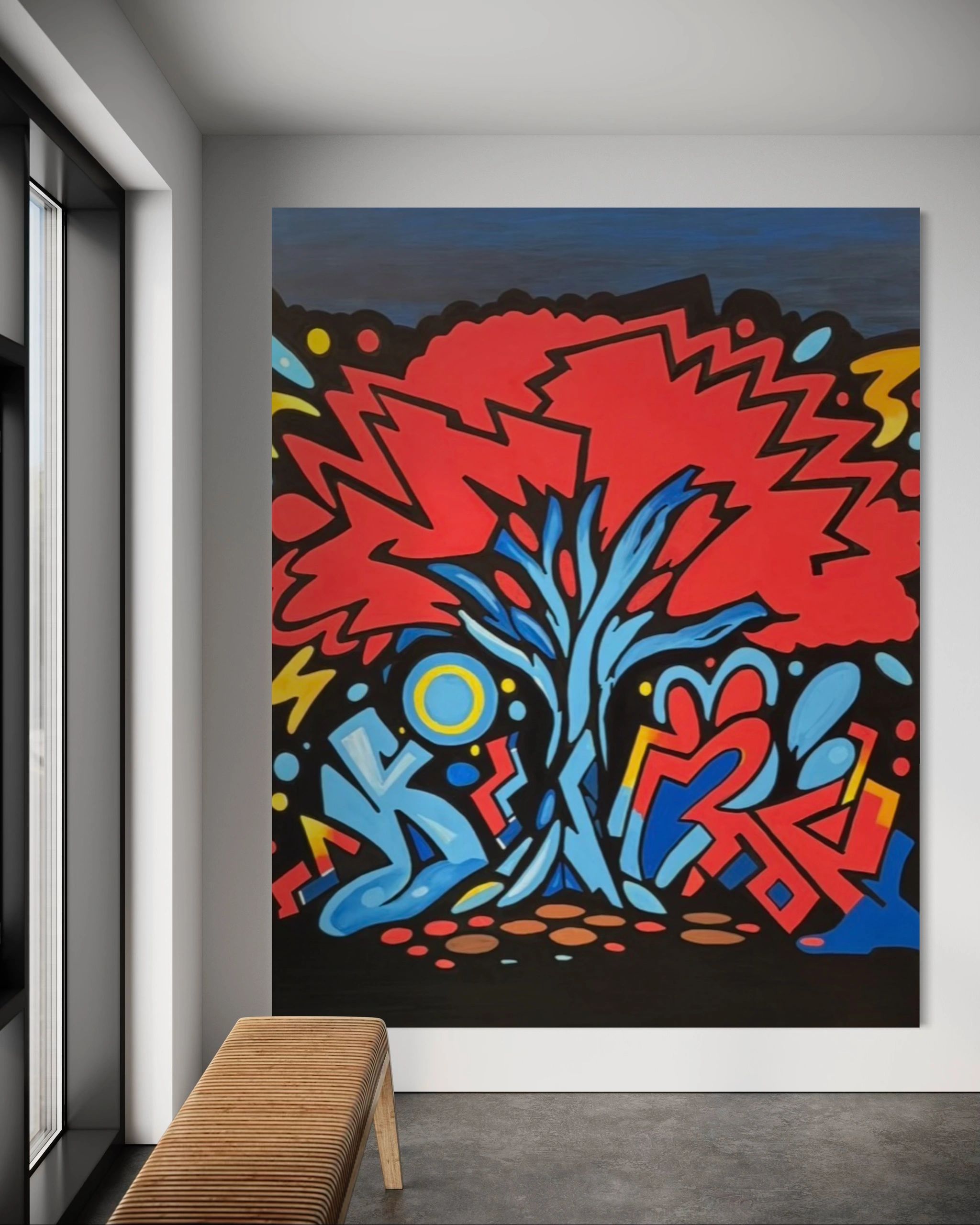 Colorful abstract painting with bold red, blue, and yellow shapes in a modern gallery setting.