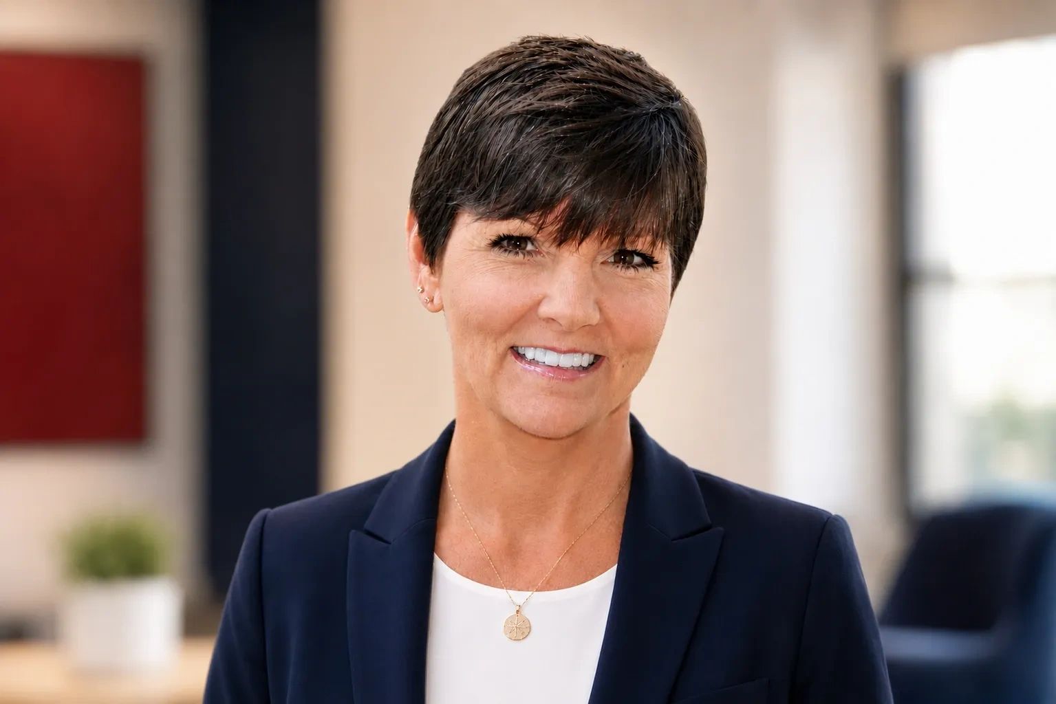 Professional woman smiling, dressed in a navy blazer with a gold pendant.