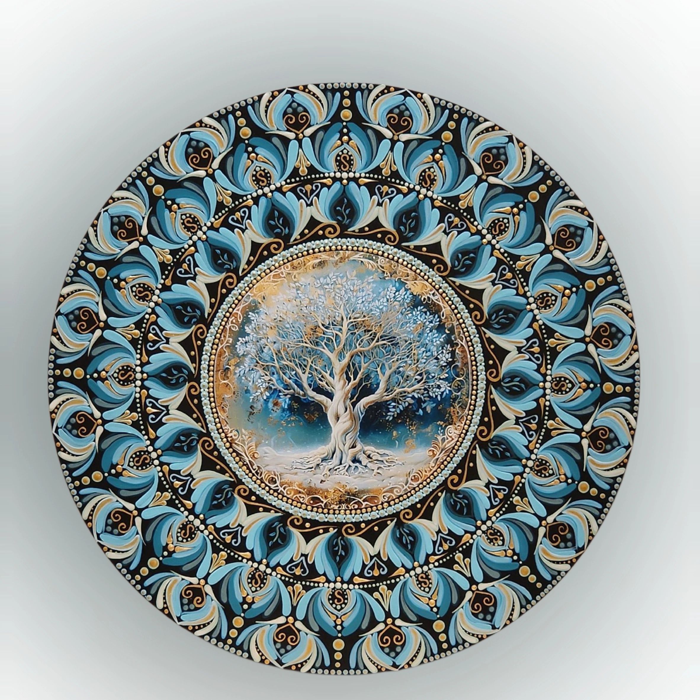 16 inch handpainted mandala on wood. Beautiful center placque of tree of life surrounded by handpain