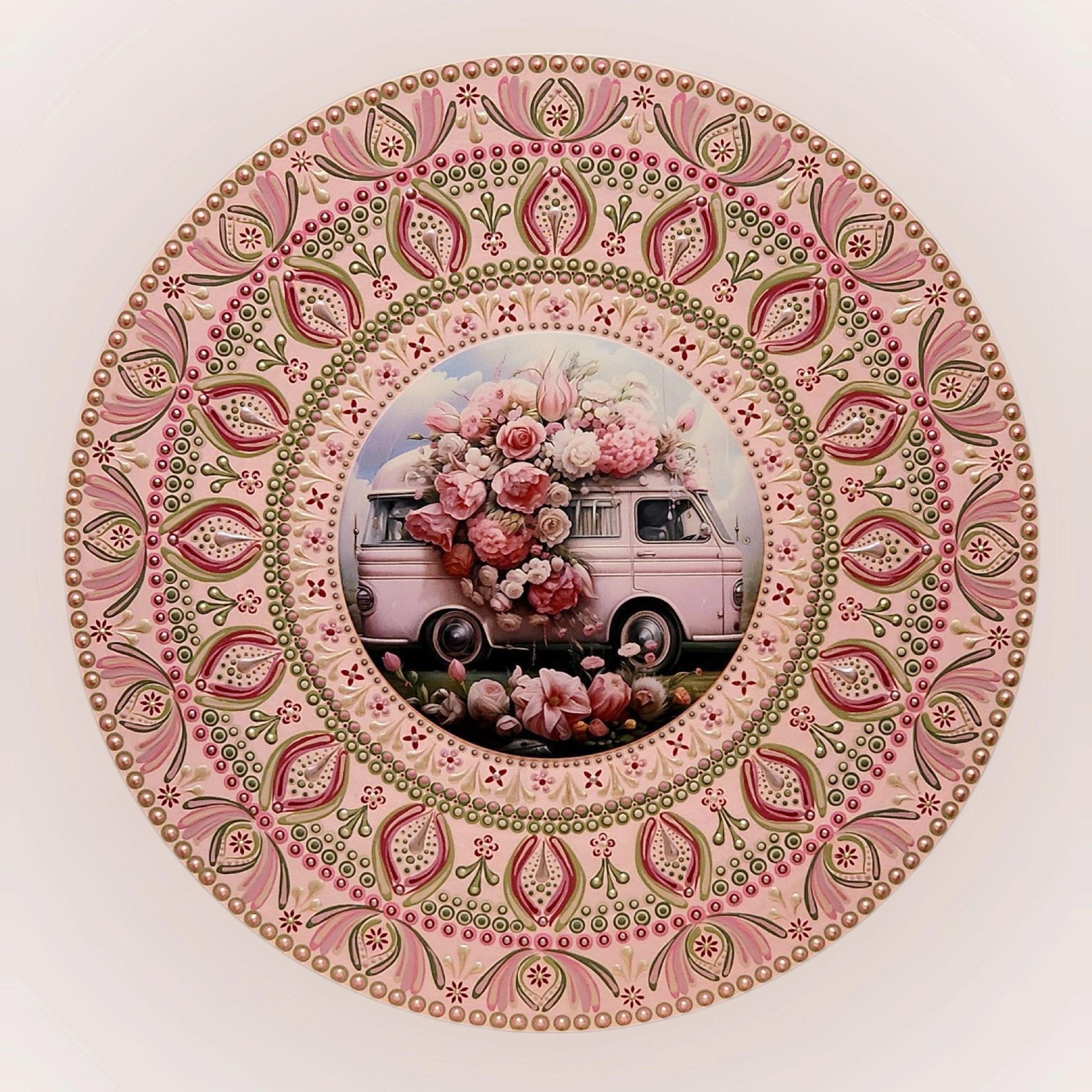 Handpainted mandala with center placque. 