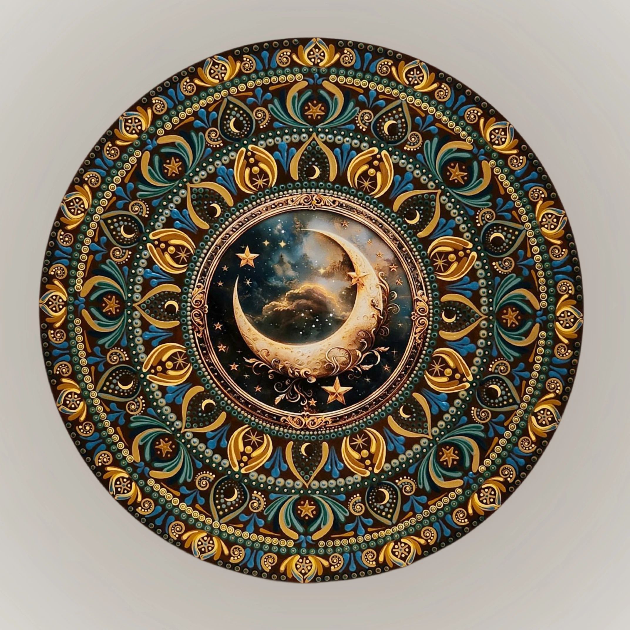 Handpainted wooden mandala with center placque. 