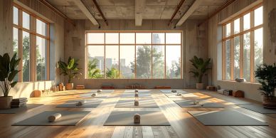Sunlit yoga studio with mats and props.