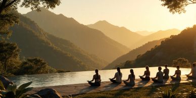 People meditating at sunset by a mountain pool.