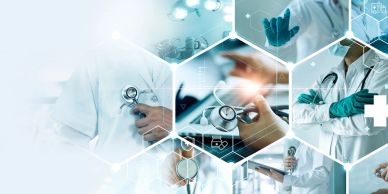 Medical professionals with stethoscopes and digital health icons.