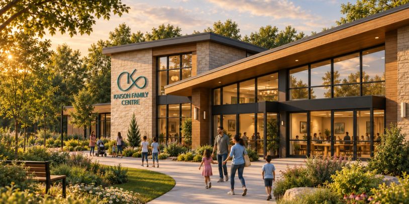 Family center building with people walking outside during sunset.