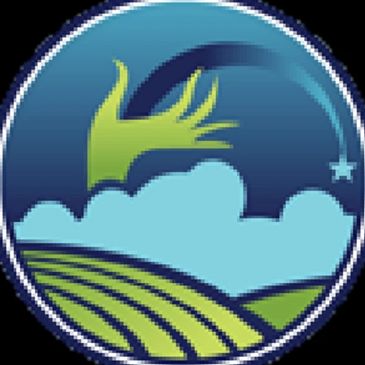 Logo with hand, clouds, and star in a field.