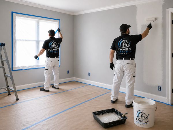 Two painters preparing and painting a room's walls with white paint.
