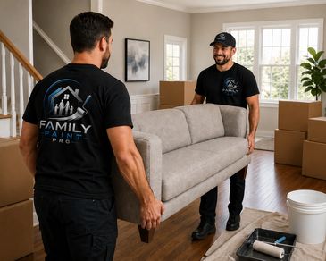 Two movers carrying a gray sofa in a bright living room.