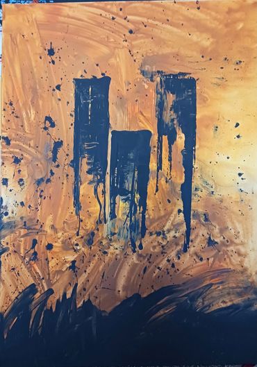 After The Gaza Strip was bombed, this painting appearing to be black silhouette buildings on fire wi