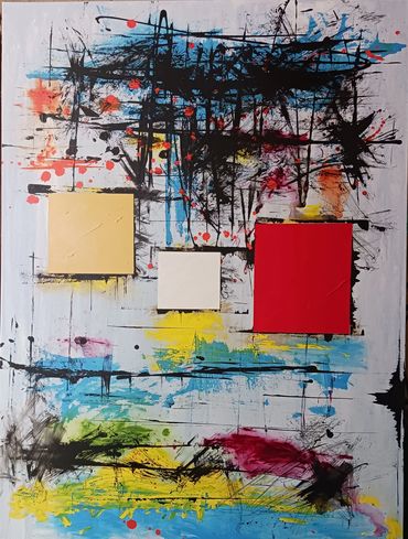 "I Am A Square Balloon" - 48"x 36" mixed media (acrylics) on canvas. A statement about how we ARE al