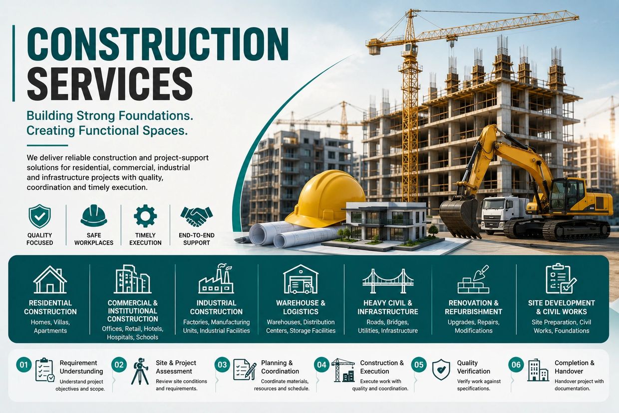 Construction services advertisement with icons and process steps.