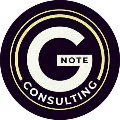 Logo of G Note Consulting with bold G and circular design.