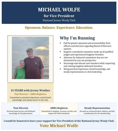 Campaign poster for Michael Wolfe running for Vice President of the National Jersey Wooly Club.