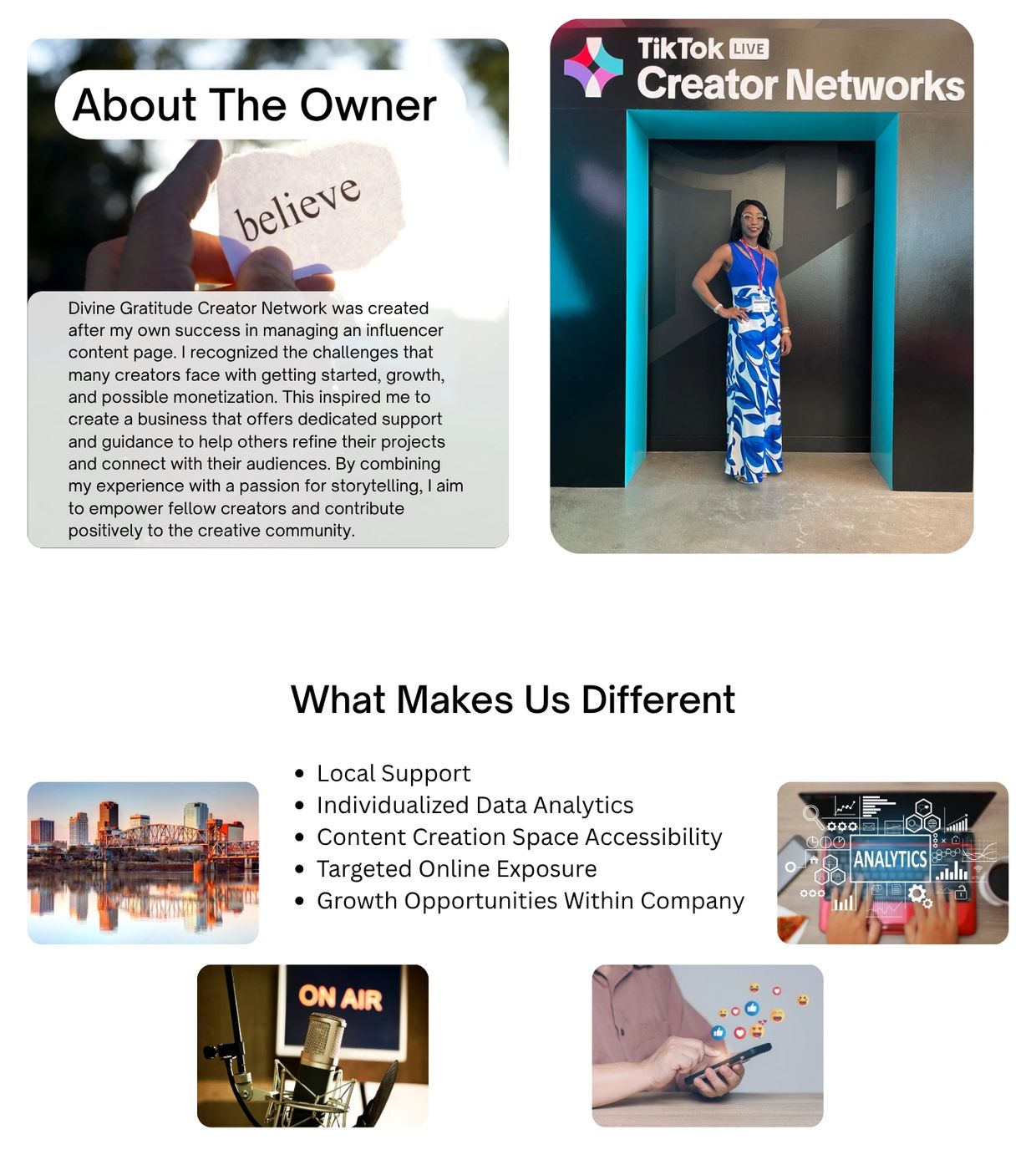 Collage highlighting Divine Gratitude Creator Network's owner and unique services.