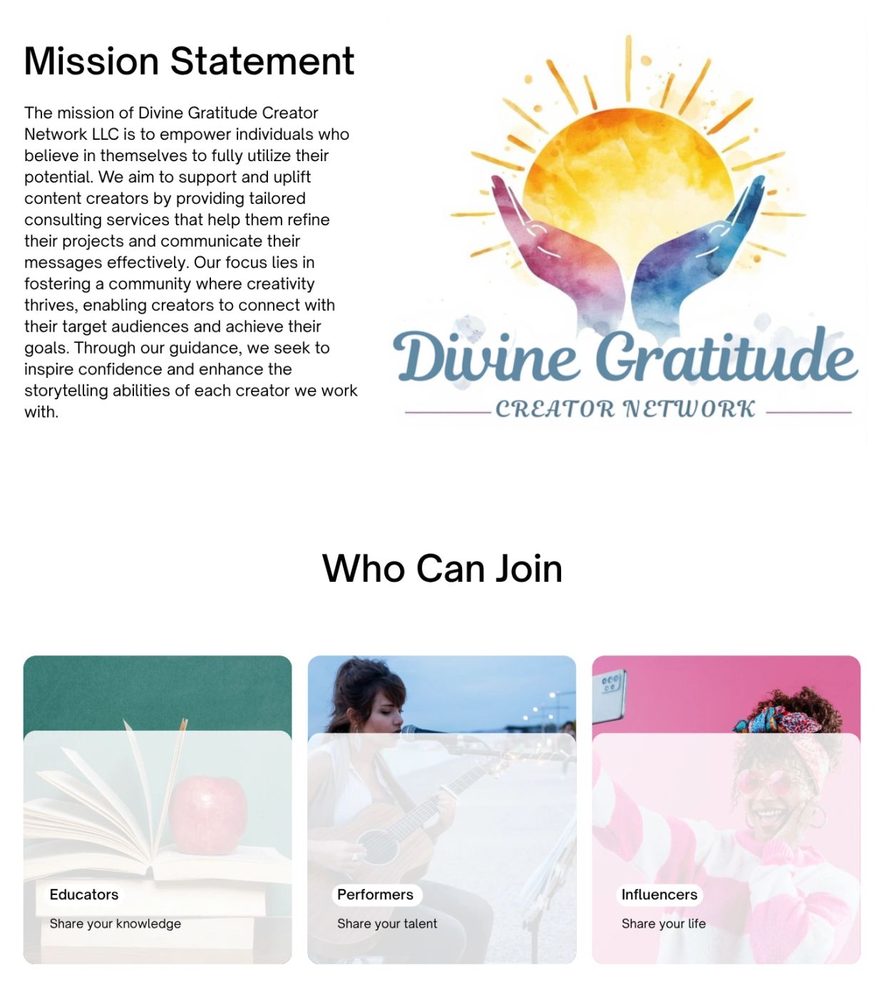 Mission statement and who can join Divine Gratitude Creator Network.