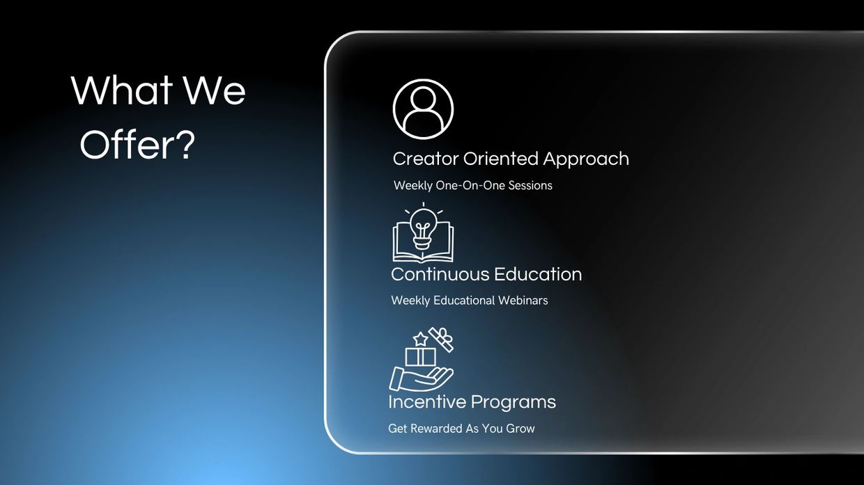 Overview of services including creator support, education, and incentive programs.