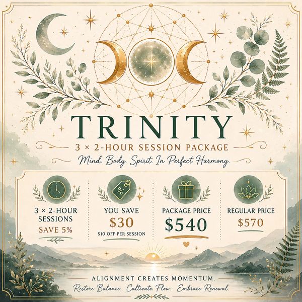 Elegant promotional poster for a 3-session wellness package with cosmic and botanical design.