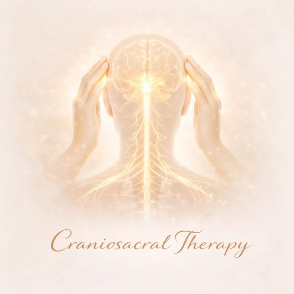 Illustration of hands touching a glowing brain and spine, symbolizing craniosacral therapy.
