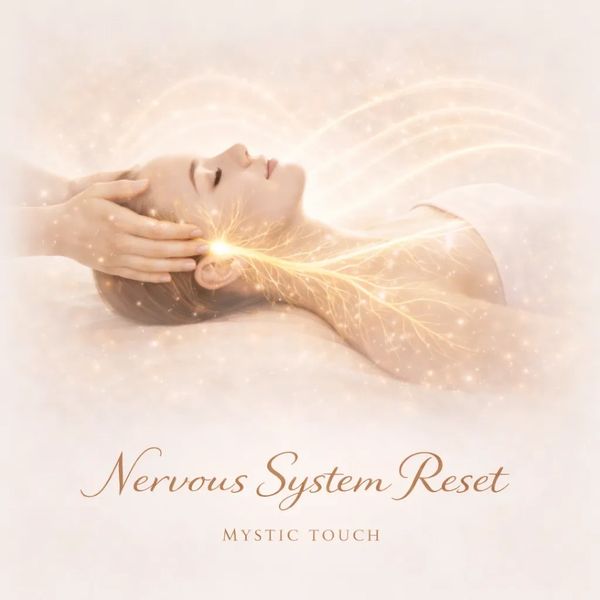 Woman receiving a calming head massage with glowing nervous system illustration.