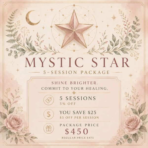 Elegant Mystic Star 5-session package ad with floral and celestial design.