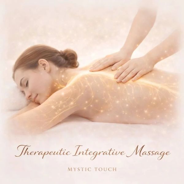 A woman receiving a relaxing therapeutic integrative massage with glowing effects.