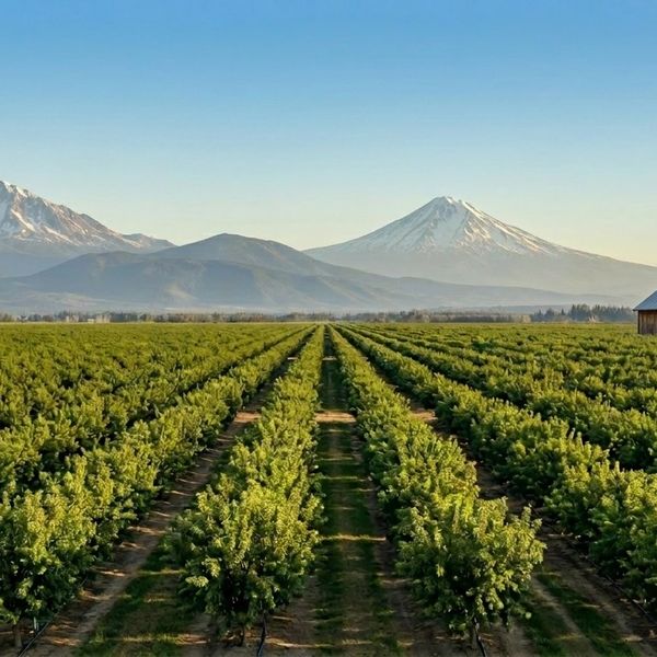 Vineyard rows stretching towards snow-capped mountains under a clear blue sky.