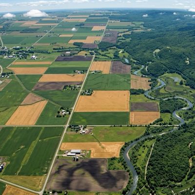 Aerial view of patchwork farmland and winding river.