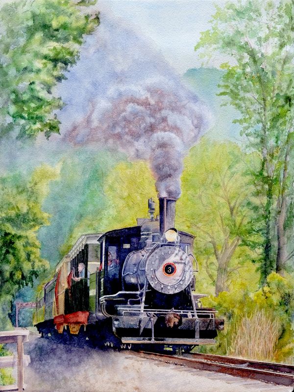 Hocking Valley Scenic Railway Engine #3 transparent watercolor by Maria Freed