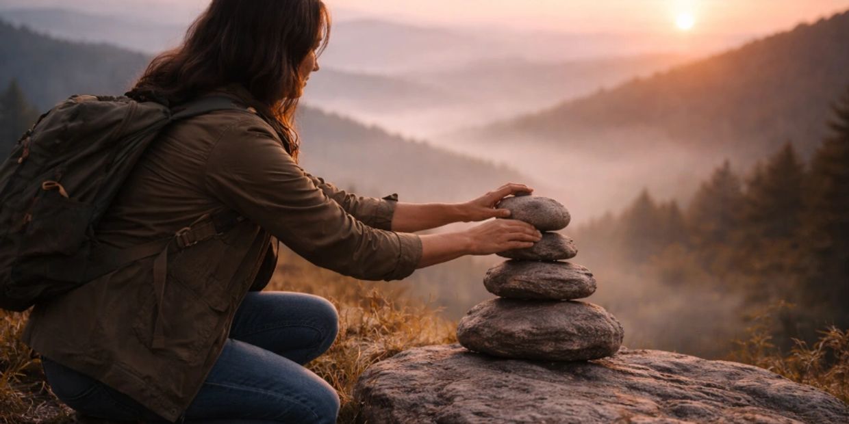 Woman stacking stones at sunset in a foggy mountain landscape.