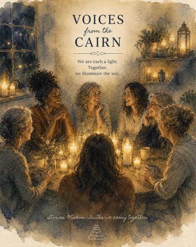 Seven women sharing stories around a candlelit table in warm, cozy setting.
