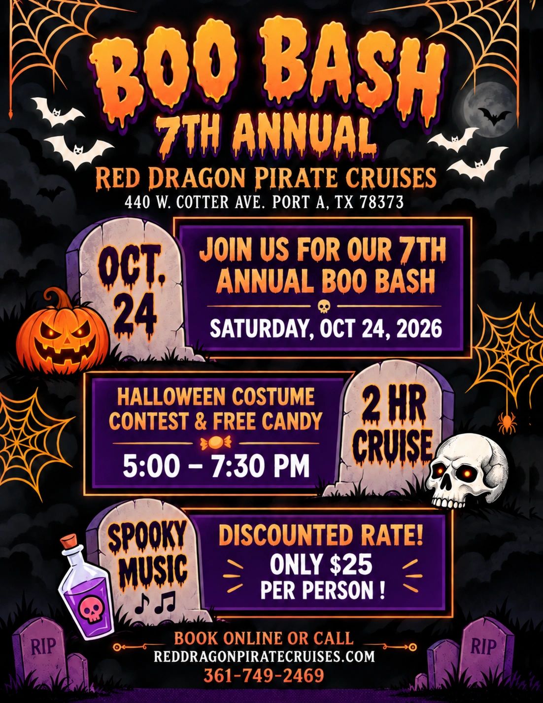 7th Annual Boo Bash pirate cruise on October 24, 2026, with Halloween fun and discounted rates.