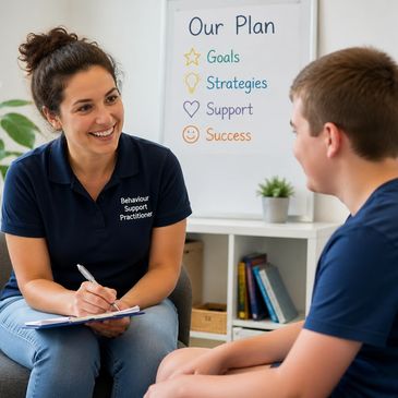 A support practitioner engaging positively with a young person in a counseling session.