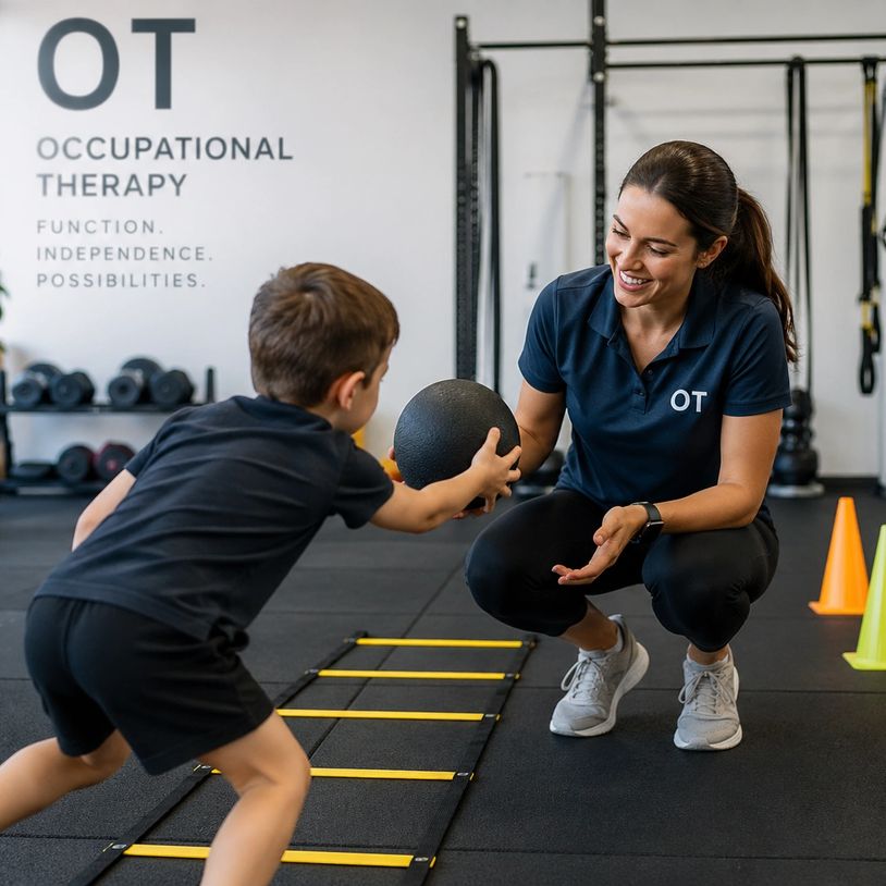 Occupational therapist helping child with physical therapy using exercise ball.