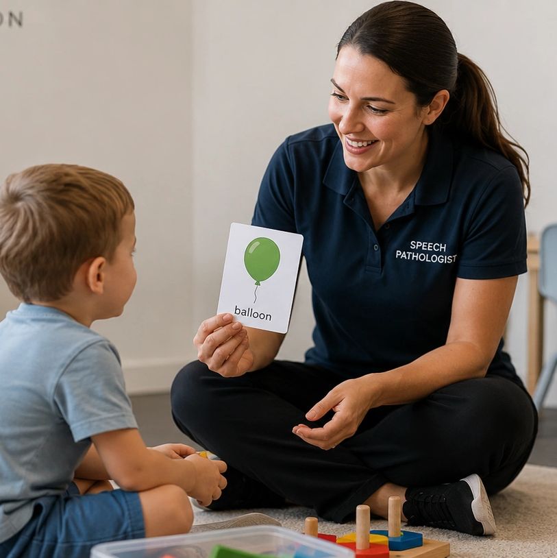 Speech pathologist teaching a young boy with flashcards.