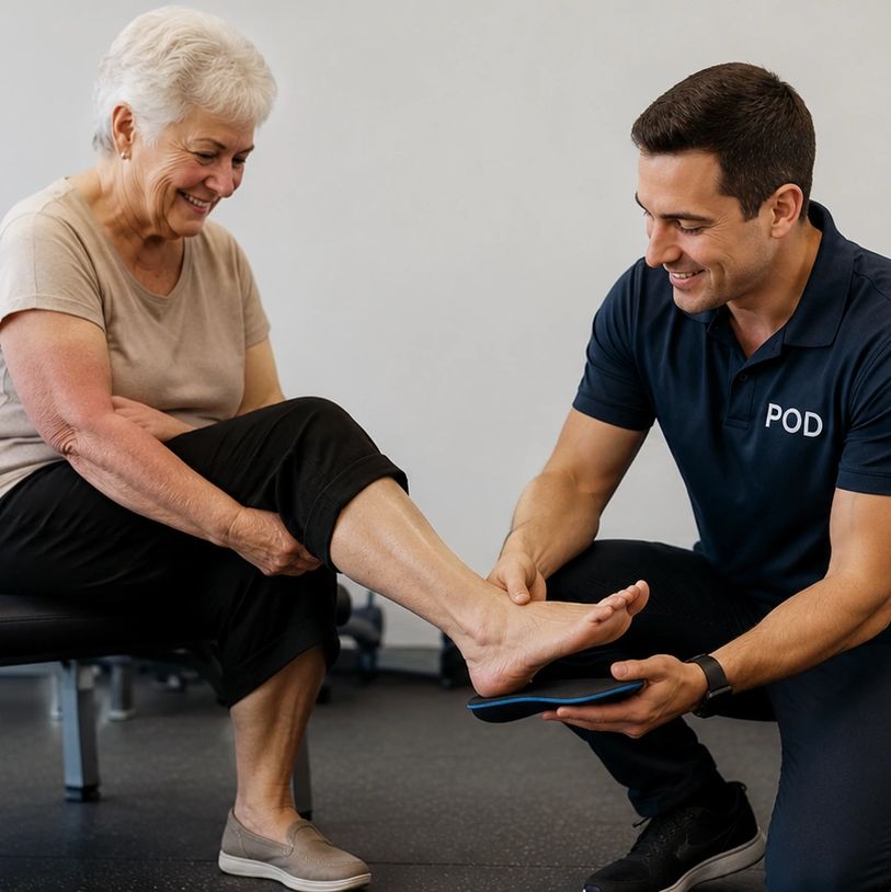 A podiatrist fitting a custom orthotic for an elderly woman's foot.
