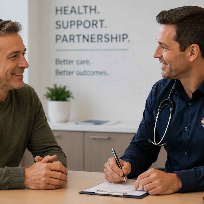 A doctor and patient smiling during a consultation in a modern clinic.