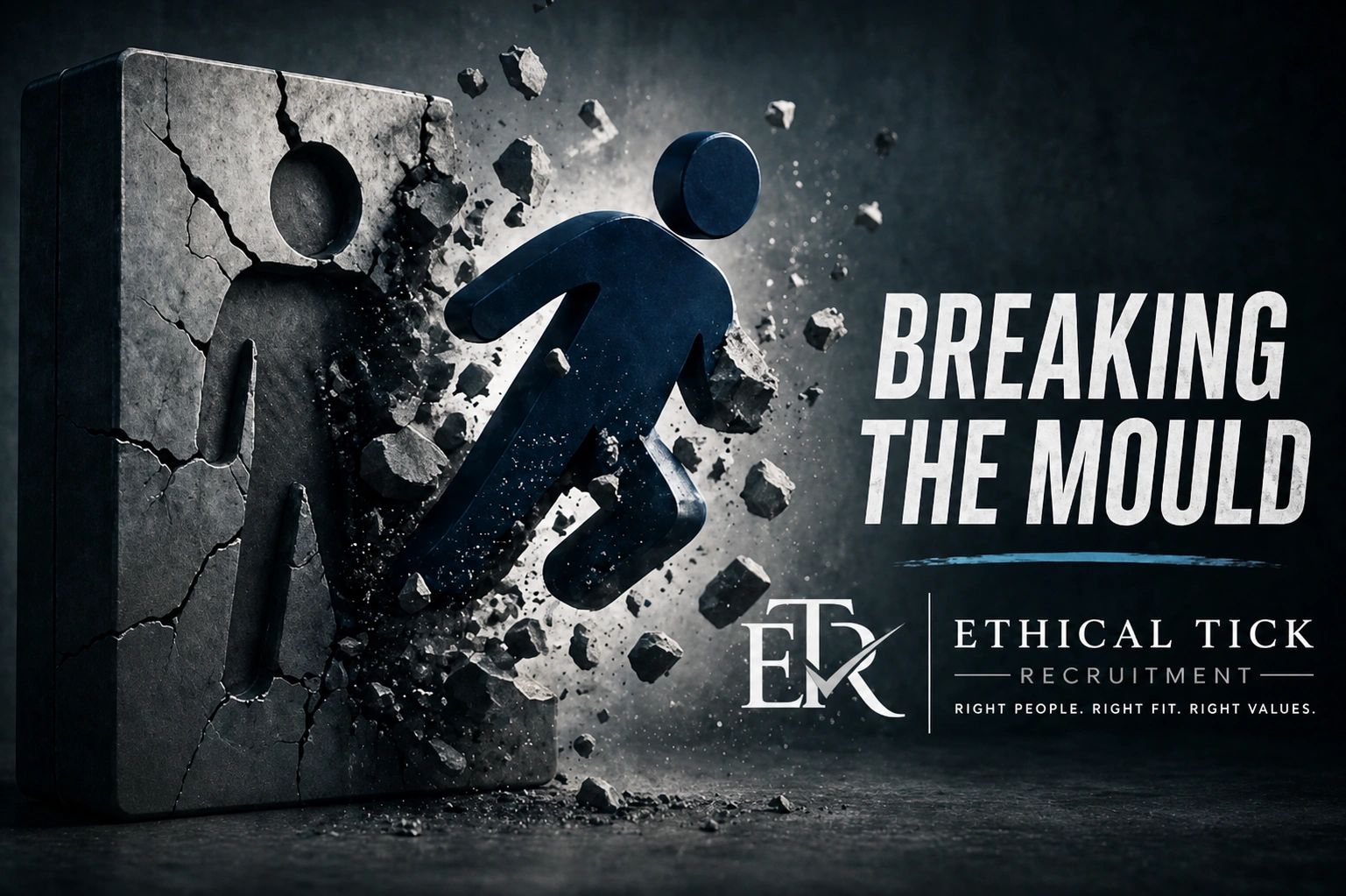 3D figure breaking free from a stone mold with recruitment slogan.
