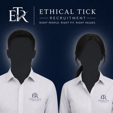 Logo and branding for Ethical Tick Recruitment with two silhouetted figures in uniform shirts.