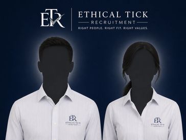 Two faceless models wear Ethical Tick Recruitment branded white shirts against a dark blue background.