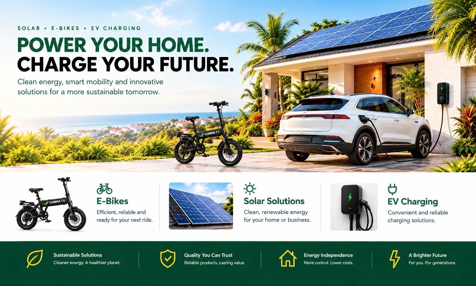 Eco-friendly home energy solutions with solar panels, e-bikes, and EV charging.